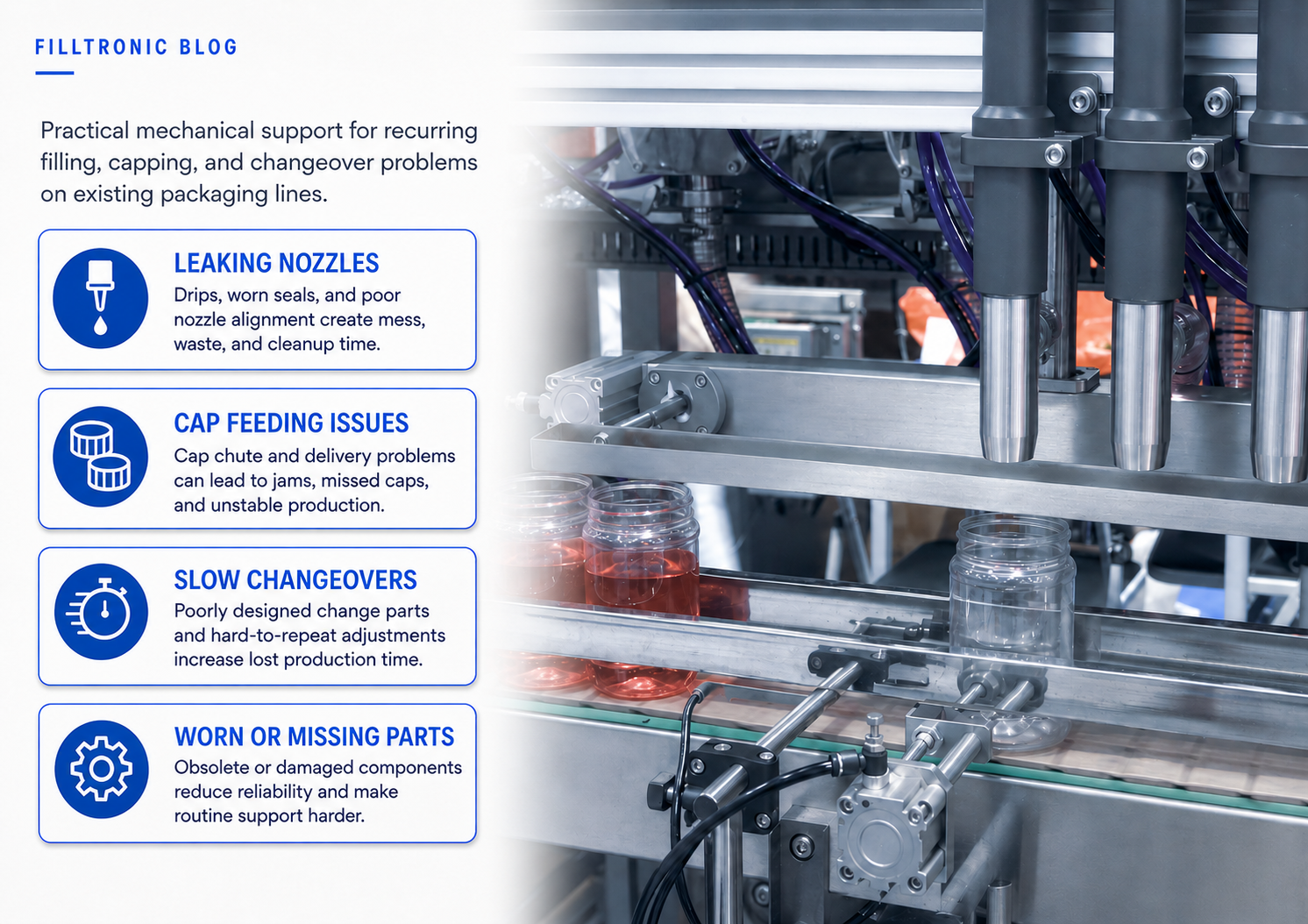 Small packaging line showing leaking nozzles, cap feeding issues, slow changeovers and worn parts that contribute to downtime.