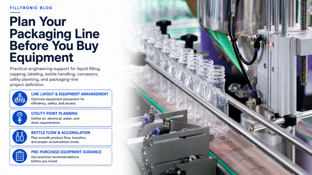 Bottle filling line illustrating layout, utility planning, bottle flow, accumulation and equipment selection before purchase.