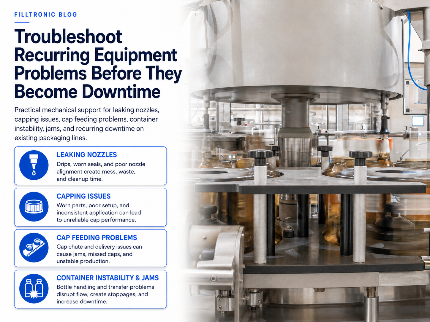 Packaging line troubleshooting for leaking nozzles, capping issues, cap feeding problems and container jams before they cause downtime.