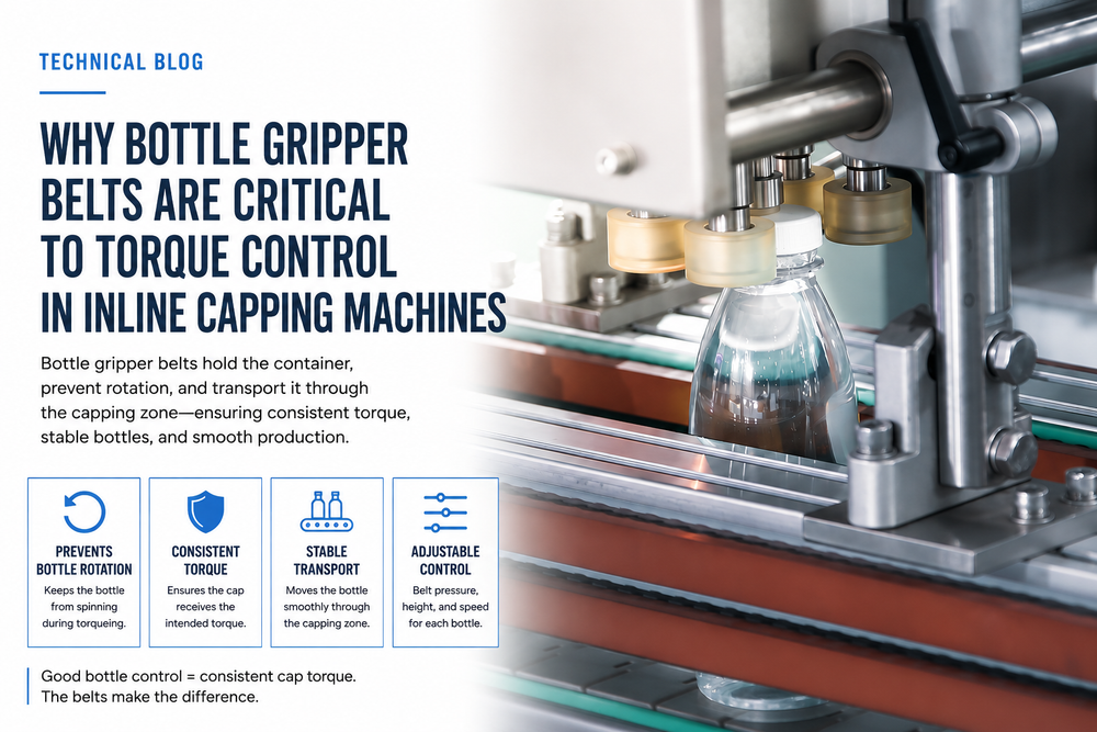 Bottle gripper belts stabilizing containers for consistent torque control in an inline capping machine.
