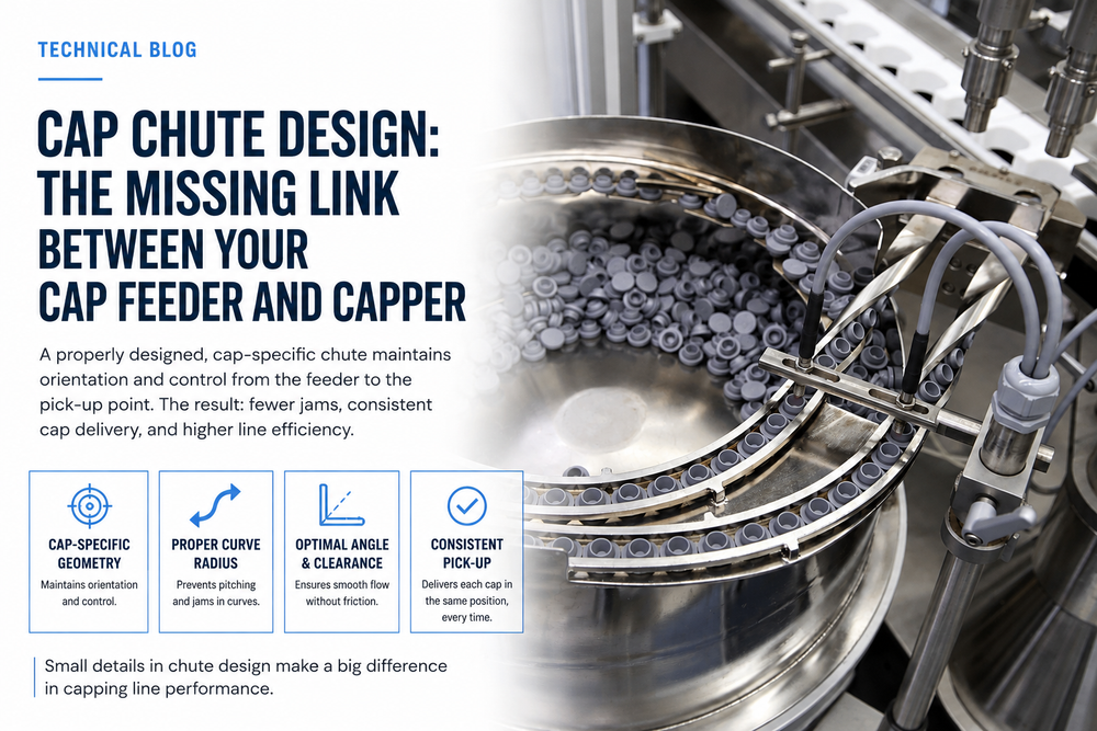 Cap chute connecting a cap feeder to a capping machine for consistent cap orientation and delivery.