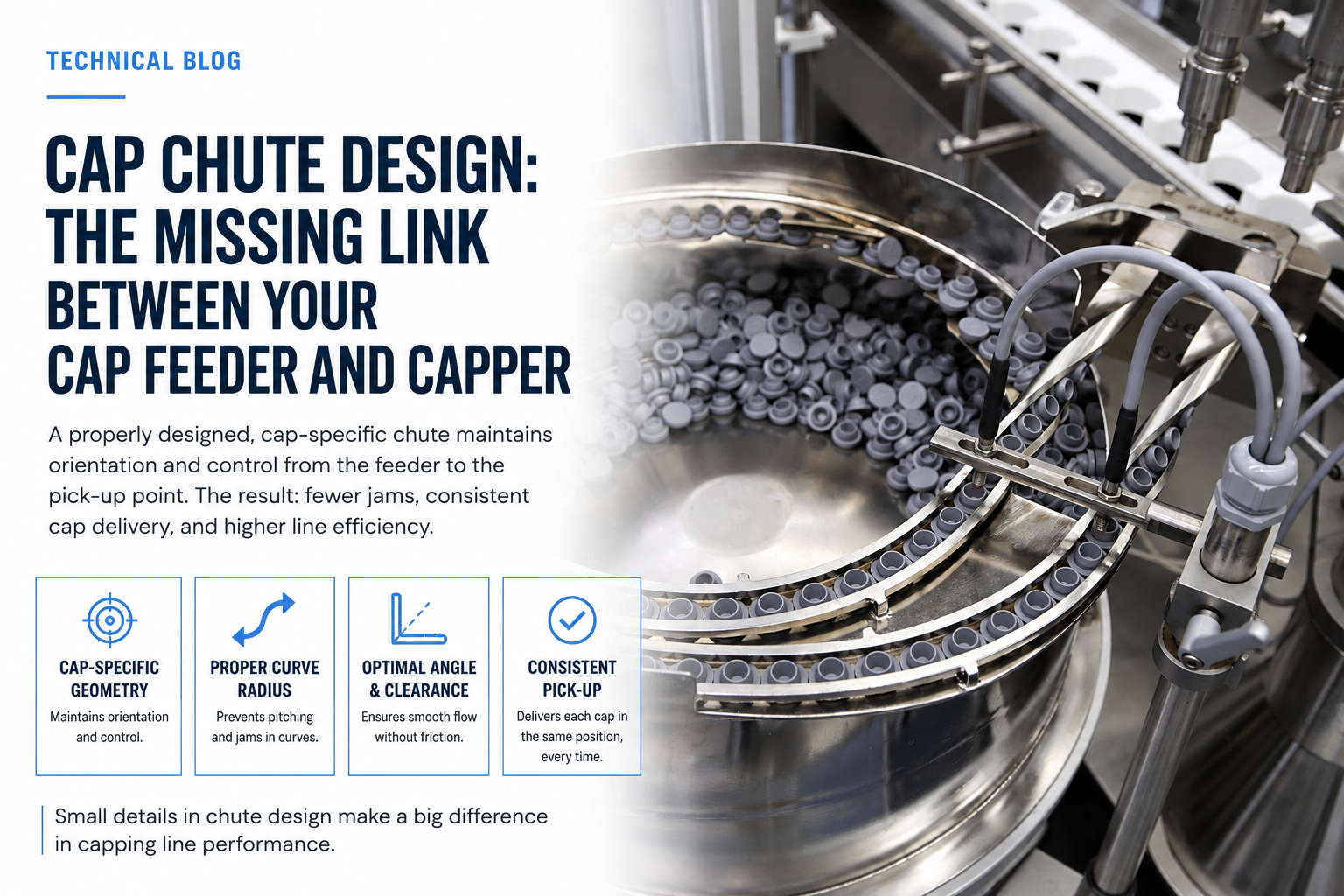 Cap chute connecting a cap feeder to a capping machine for consistent cap orientation and delivery.