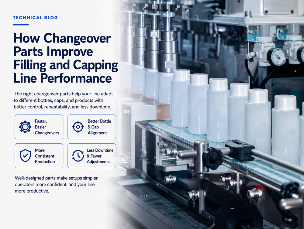 Changeover parts for controlling bottles, caps and repeatable setups on filling and capping machines.