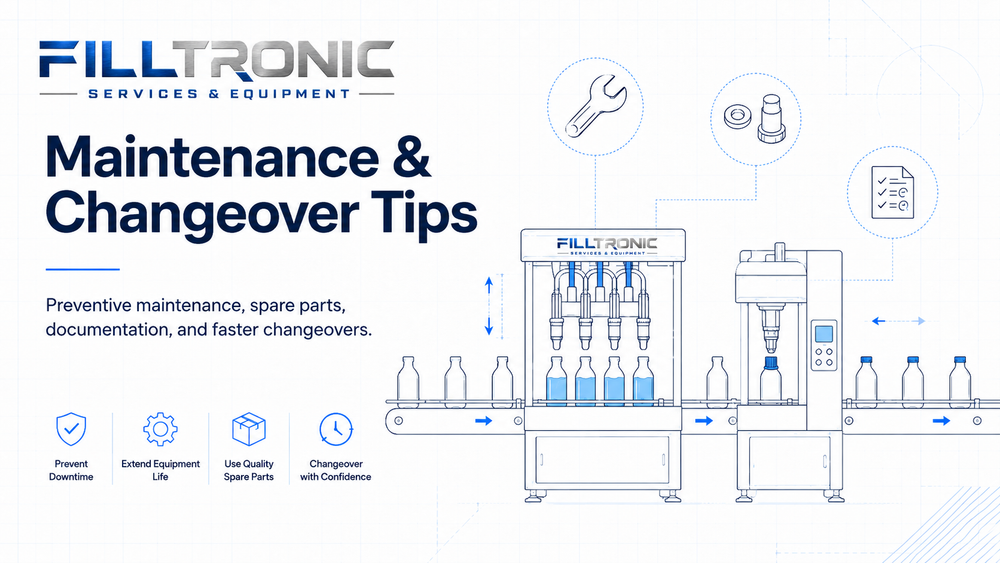 Preventive maintenance and changeover guidance for liquid filling and capping lines, including spare parts and setup documentation.
