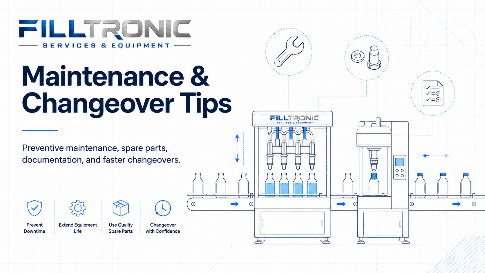 Preventive maintenance and changeover guidance for liquid filling and capping lines, including spare parts and setup documentation.